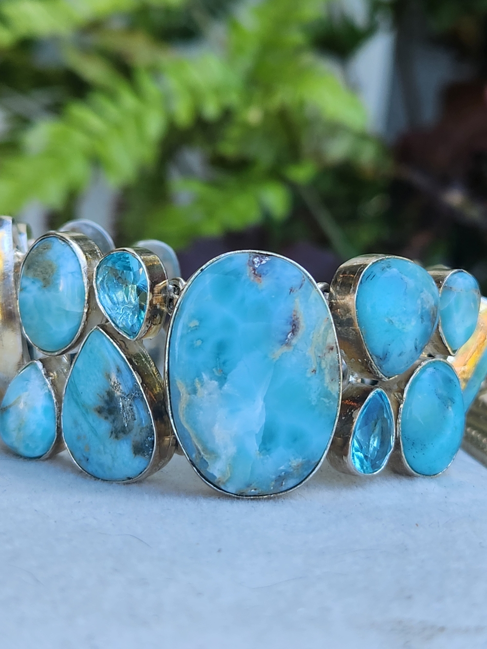 925 Sterling Silver Larimar Blue Topaz Chunky Statement Link Bracelet Boho